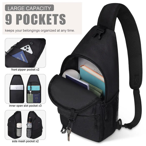 Crossbody Sling Bag For Women And Men With Convertible Shoulder Strap Casual Travel Chest Pack with 9 compartments black