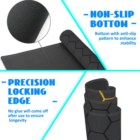 Close-up of Big Ol Extended Desk Mat And Gaming Mouse Pad Large 35.4 By 15.7 Inch with non-slip base and stitched honeycomb edge.