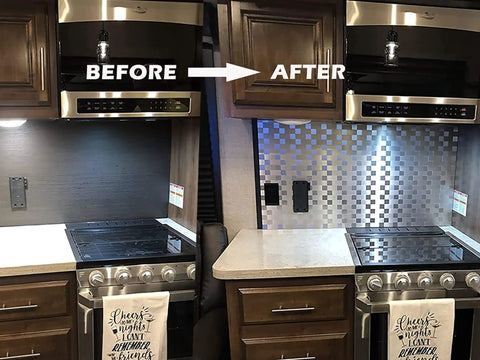 Before and after kitchen view with Peel And Stick Stainless Steel Backsplash Tiles For Kitchen Walls 12x12 Inches 10 Sheets Easy Install Rent Friendly Range Hood Shield Brushed Aluminum Matte Finish No Fuss Install Heat Resistant Durable Easy Clean Up For Modern Kitchens.