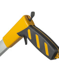 Close-up of Rugged Pro 12 Inch Diameter Measuring Wheel handle with brake lever, highlighting durable grip and trigger.