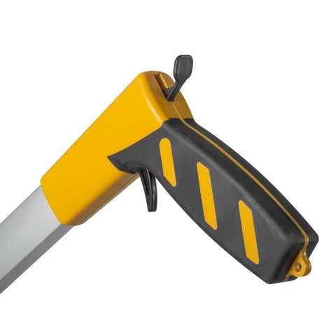 Close-up of Rugged Pro 12 Inch Diameter Measuring Wheel handle with brake lever, highlighting durable grip and trigger.