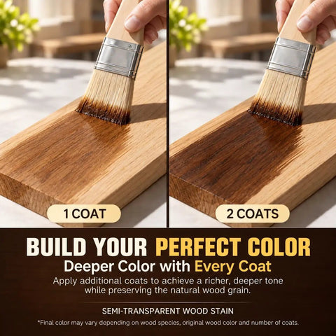 Pro Level Water Based Wood Stain For Indoor And Outdoor Projects Featuring Natural Oak Pigment and Top Shelf Matte Finish applied on oak wood with brush, showing single and double coats.