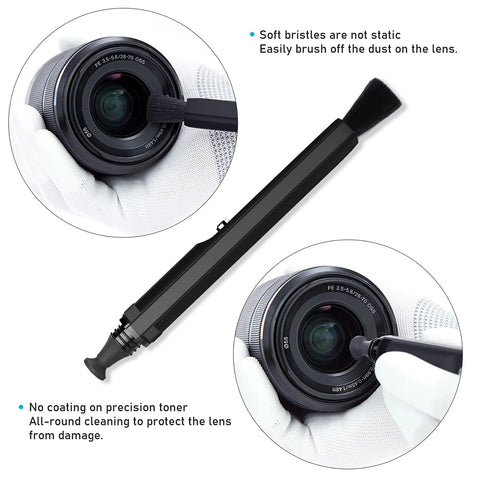 Side view of VSGO Professional Lens Cleaning Pen, black double-ended lens brush for cameras and glasses.
