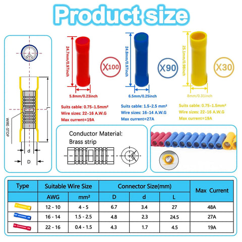 Ultimate 220 Piece Butt Splice Connectors Kit For 22 To 10 AWG Wiring dimensions and color-coded types chart