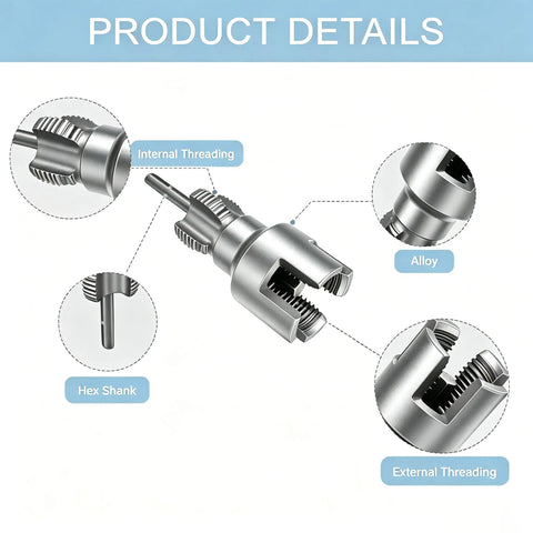 Close-up of 7 Piece PVC Pipe Threading Tool Set For One Half Inch And Three Quarter Inch Pipes with thread cutters details