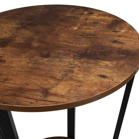 Round Two Tier Side Table With Open Storage Shelf, Anti Scratch Protective Pads, Kid Safe Curved Edges, Straight Up Sturdy Metal End Table For Cozy Living Rooms And Bedrooms top view featuring rustic brown finish.