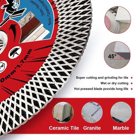 Close-up of a Four And A Half Inch Pro Grade Diamond Tile Blade With Flange For Wet Or Dry Cutting And Grinding Porcelain Marble Granite Tiles Built To Cut Smooth Straight Cuts Bullnose Edges And Fine Finishes On Ceramic Stone showing texture and usage icons.