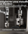 Front view: GSTK 14-Piece carbide hole saw set with titanium-plated pilot center drills and L-wrenches for metal