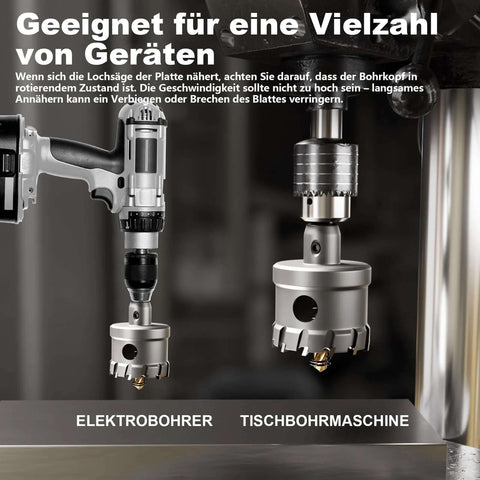 Front view: GSTK 14-Piece carbide hole saw set with titanium-plated pilot center drills and L-wrenches for metal