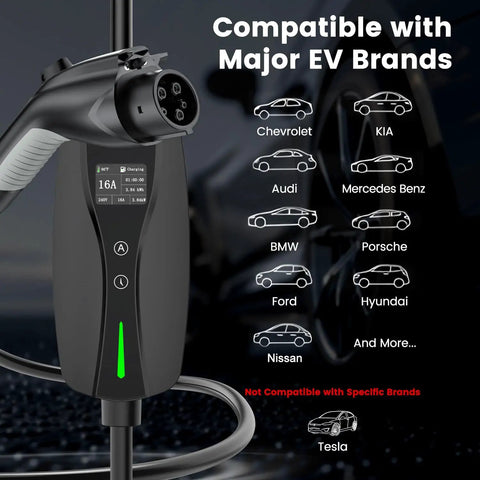 Plug And Play Level 1 And 2 Ev Charger With Adjustable 16 Amp Current And J1772 Connector showing compatibility with major EV brands.