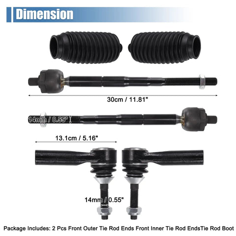 6 Piece Front Inner Outer Tie Rod Ends Kit For Ford Flex Taurus Lincoln MKS MKT Steering Suspension Upgrade Beefs Up Handling And Ride Quality Fits 2010 To 2016 Models. 14mm boots and tie rod ends shown with 30cm and 13.1cm dimensions