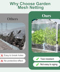 Comparison of two garden mesh nettings, one damaged and one intact, showing No Frills Pest Barrier Garden Netting For Raised Beds And Greenhouses, Insect Mesh Netting 10 By 50 Feet, Durable Plant Cover For Vegetables Fruits Flowers And Plants, Keeps Pests Out Without Blocking Sunlight