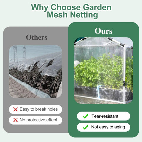Comparison of two garden mesh nettings, one damaged and one intact, showing No Frills Pest Barrier Garden Netting For Raised Beds And Greenhouses, Insect Mesh Netting 10 By 50 Feet, Durable Plant Cover For Vegetables Fruits Flowers And Plants, Keeps Pests Out Without Blocking Sunlight