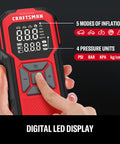 Close-up of Cordless Tire Inflator With Digital Pressure Gauge, showing modes and units on LED screen.