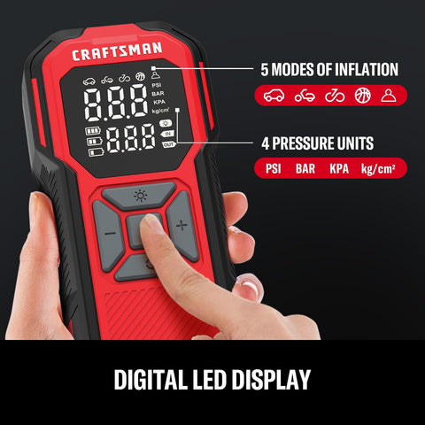 Close-up of Cordless Tire Inflator With Digital Pressure Gauge, showing modes and units on LED screen.