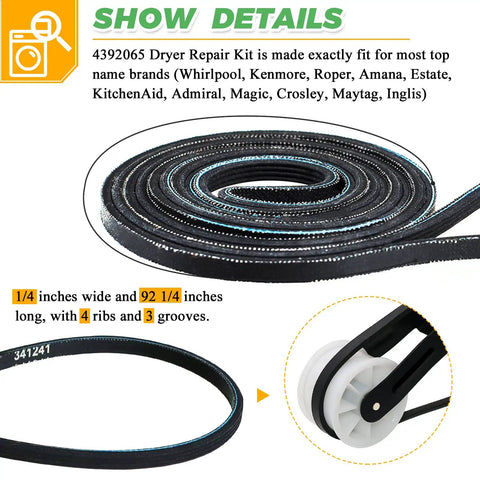 Complete Dryer Repair Kit With Drum Roller 349241T 691366 Idler Pulley And 341241 Belt For Whirlpool And Kenmore Dryers image