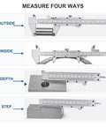6 Inch Vernier Caliper Measuring Tool, Non-Digital Dual Scale, 0-150mm measuring outside, inside, depth, and step dimensions.