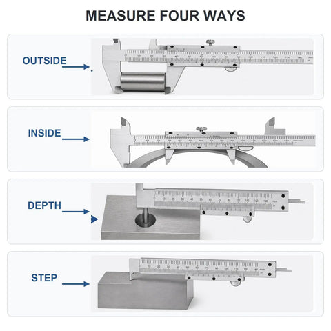 6 Inch Vernier Caliper Measuring Tool, Non-Digital Dual Scale, 0-150mm measuring outside, inside, depth, and step dimensions.