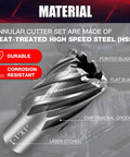 Heavy Duty Annular Cutter Kit With Magnetic Drill Press Bits And Three Quarter Inch Weldon Shank for steel and aluminum, featuring heat-treated HSS.
