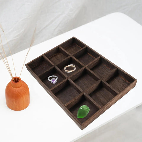 Super Sweet Handcrafted Vintage Wooden Jewelry Tray With Twelve Separate Slots For Stashing Rings And Beads Rustic Pine Display Plate Desk Bling Organizer with jewelry on a white table.