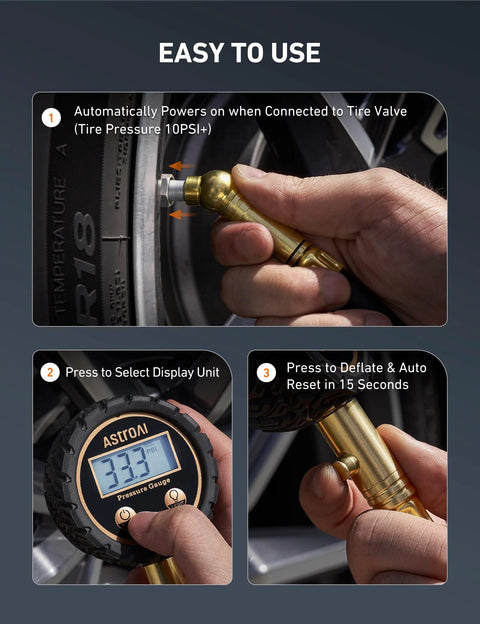 AstroAI tire pressure gauge with backlit LED, brass body and rubber hose; installed on tire valve with digital display.