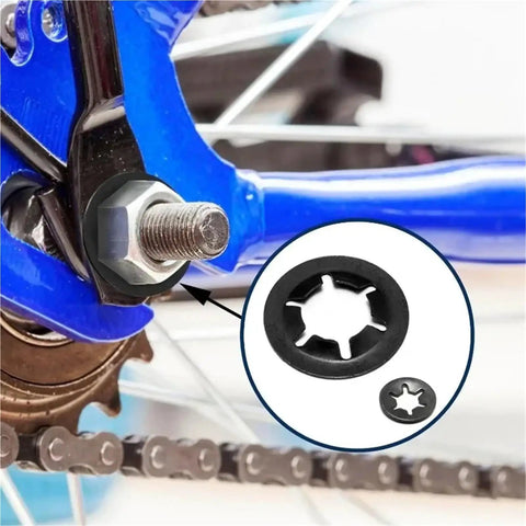 Push On Internal Tooth Star Lock Washers Kit used on a bicycle bolt, showing heavy duty metal washer in close-up