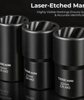 1/2 Inch Drive Lug Nut Removal Kit With 10 Piece Wheel Lock Remover Set showcasing laser-etched sizes on black CR-MO steel