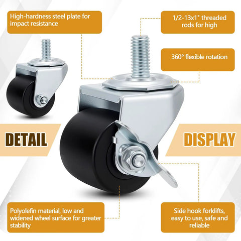 Heavy Duty Two Inch Low Profile Refrigerator Caster Wheels Set Of Eight With Half Inch Thirteen Stems Plus Lock And Roll Swivel Combo For Commercial Fridges Built Like A Tank To Roll Smooth Every Day showcasing polyolefin wheels and steel plates.