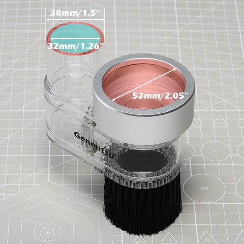 Dust Shoe For CNC Router 52mm Spindle Motors Clear ABS Shield, hose adapter 38mm, shown on geometric grid background.