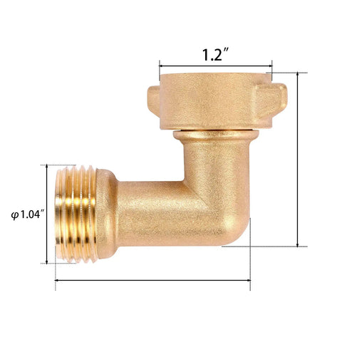 Side view of Heavy Duty Brass Garden Hose Elbow Connector 90 Degree Three Quarter Inch Male To Female Adapter With Four O Rings