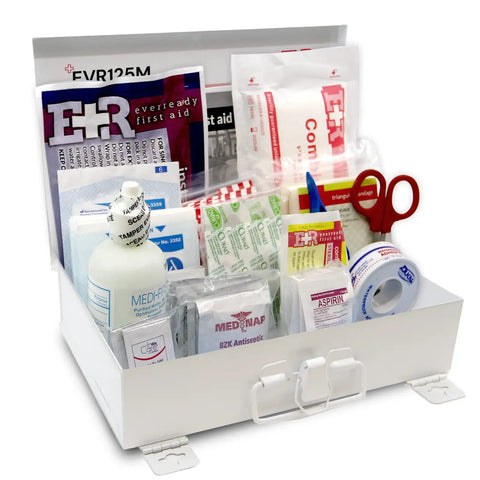 107 Piece First Aid Kit For 25 People With Metal Case, OSHA Compliant Emergency Supply Set Including Bandages, Cold Packs