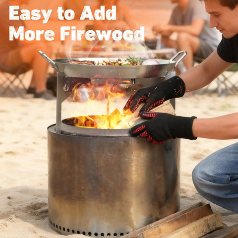 Person using the Stainless Steel Grill Cookware For Solo Stove Bonfire 19.5 Inch Fire Pit Portable Round Grilling Pan With Legs outdoors.