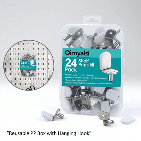 24 Pack Nickel Plated Shelf Pins And Pegs 5Mm With Anti Slip Caps in reusable box showing different angles and components.