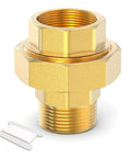 Close-up of Two Pack Brass Union Fittings 1 Inch NPT Male To 1 Inch NPT Female Pipe Connector, heavy-duty corrosion-resistant brass.