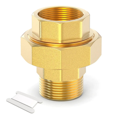Close-up of Two Pack Brass Union Fittings 1 Inch NPT Male To 1 Inch NPT Female Pipe Connector, heavy-duty corrosion-resistant brass.