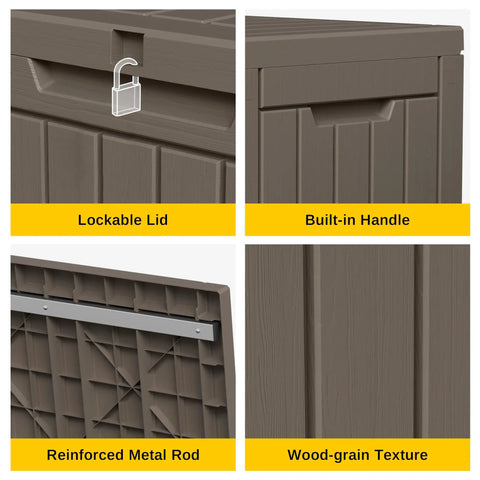 Close-up of 60 Gallon Deck Box Outdoor Storage Waterproof Resin Bin features: lockable lid, built-in handle, reinforced rod, wood-grain texture.