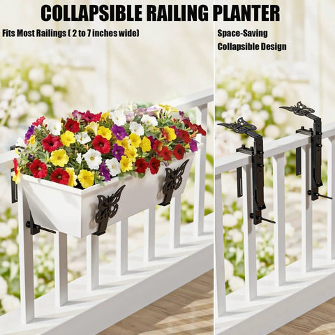 Adjustable Window Box Planter Brackets Heavy Duty Railing Mount For Balcony Deck Fence And Garden Universal Fit Top Two To Seven Inches Bottom Five Point Nine To Twelve Point Five Inches Enhanced Bottom Support Black Four Pack holding a white planter with colorful flowers on a railing.