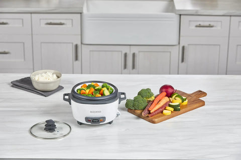 Rice Cooker With 6 Cup Cooked Capacity, No Fuss Steaming Basket And Removable Nonstick Bowl, Auto Keep Warm on kitchen counter with vegetables