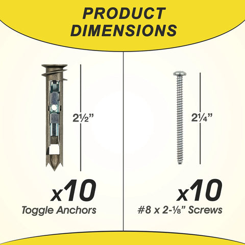 Self-Drilling Drywall Anchors And Screws Kit With Toggle Anchors And Zinc Plated Screws dimensions shown with 2.5-inch anchors and 2.25-inch screws.