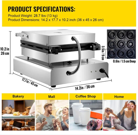 Shop Grade Electric Donut Maker With Nonstick Pan And Double Sided Heating, easy touch controls for cafes and busy kitchens.