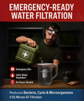 Man using 10 Cup Water Filter Pitcher With Dual Ultrafiltration And Carbon Filters in emergency setting, filtering tap water.