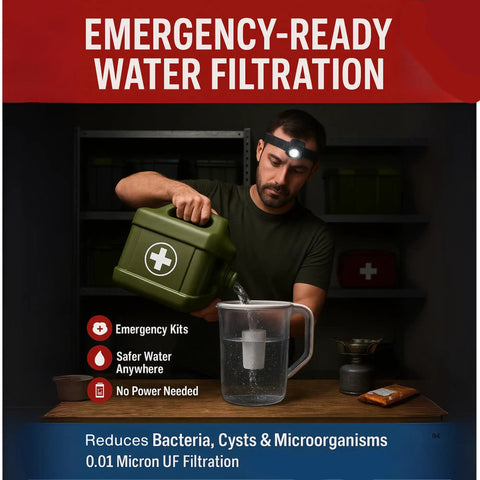 Man using 10 Cup Water Filter Pitcher With Dual Ultrafiltration And Carbon Filters in emergency setting, filtering tap water.