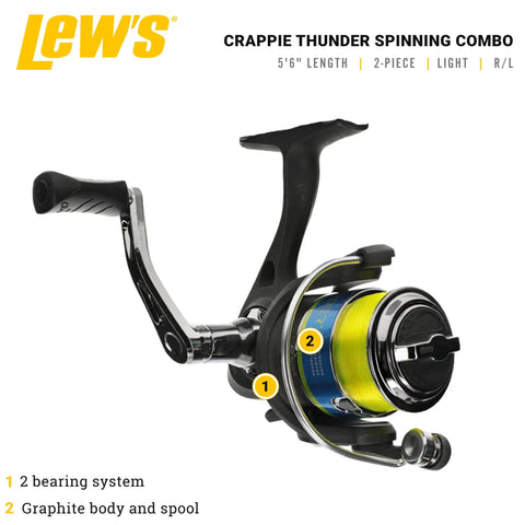 Crappie Thunder Spinning Rod And Reel Combo Dope 5 Foot 6 Inch Two Piece IM6 Graphite Blank Size 75 Reel black handle detail