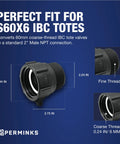 Tough As Nails Ibc Tote Adapter transforms 60Mm coarse thread to 2 Inch Npt slick valve connector, showcasing dimensions and connection type.