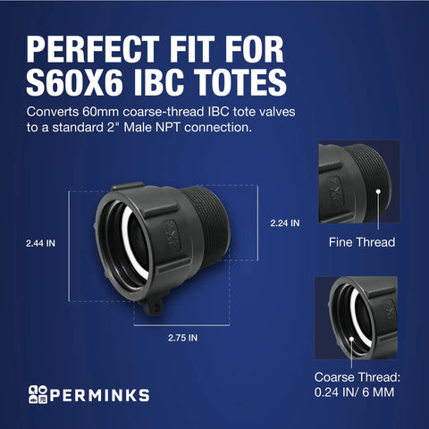 Tough As Nails Ibc Tote Adapter transforms 60Mm coarse thread to 2 Inch Npt slick valve connector, showcasing dimensions and connection type.