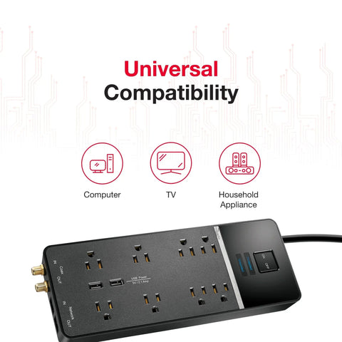 8 Outlet USB Wall Tap Surge Protector Power Strip With 2 USB Ports Go To Desk Charger on white background, showing ports.