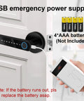 4 In 1 Smart Door Lock With Fingerprint, Bluetooth App Control, Keypad Code And Physical Key, USB power supply shown