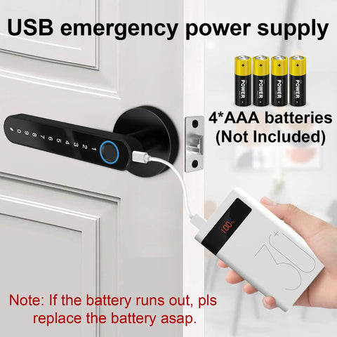 4 In 1 Smart Door Lock With Fingerprint, Bluetooth App Control, Keypad Code And Physical Key, USB power supply shown