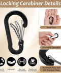 Locking carabiner details showing size, one-hand operation, and material for Grab And Go Two Card Wrist Holder with Multitool Clip.