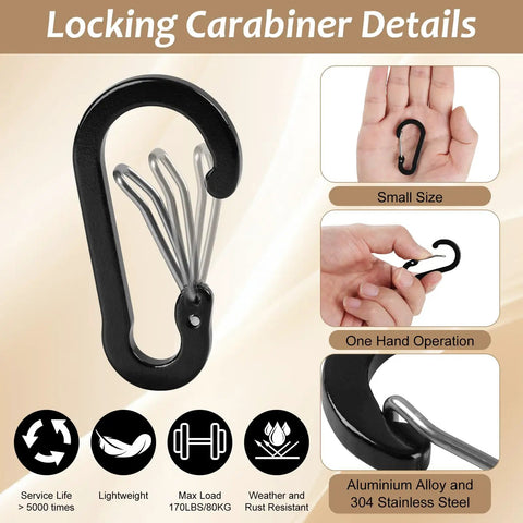 Locking carabiner details showing size, one-hand operation, and material for Grab And Go Two Card Wrist Holder with Multitool Clip.